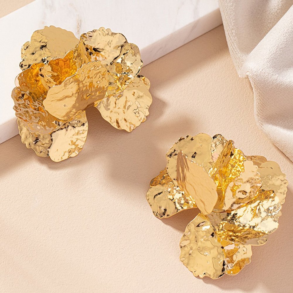 NEW Avant Garde Hammered Gold Modern Art Large Statement Earrings Pierced - Picture 4 of 5